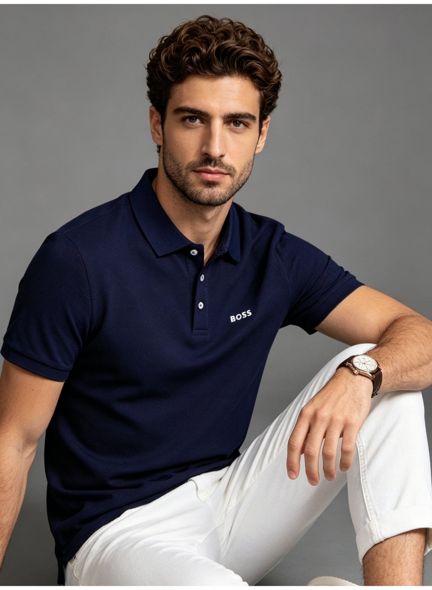 BOSS Men's Short Sleeve Polo Shirt Classic Collar Office Casual Breathable Daily Summer Top Navy Blue