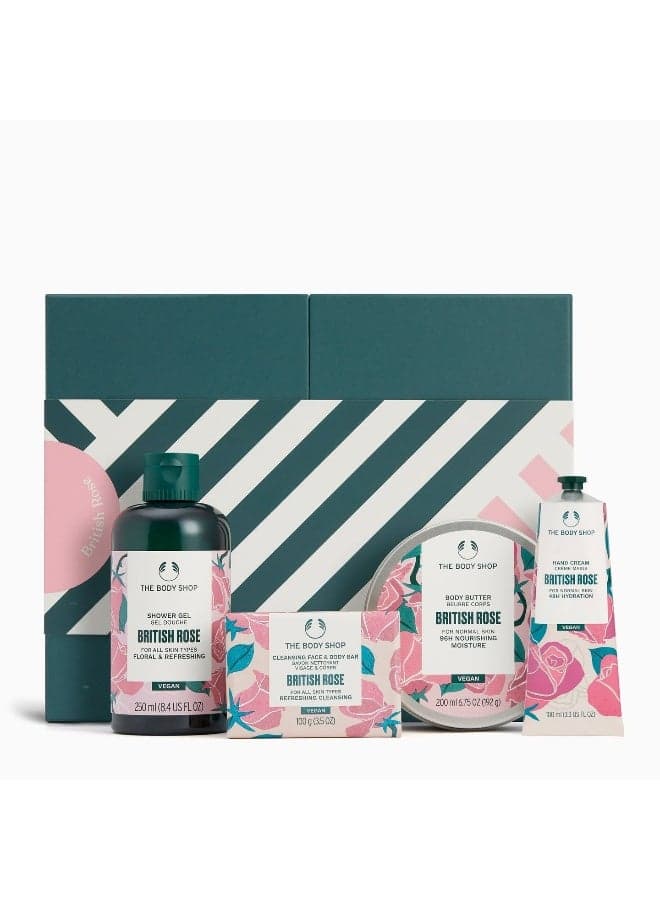 British Rose Collection Gift Set – Shower Gel (250 Ml) And Body Butter (200 Ml) And Soap (100 G) And Hand Cream (100 Ml) – Fresh Rose-Petal Fragrance, Gentle Cleansing, Deep Hydration And Silky Smooth Skin Finish