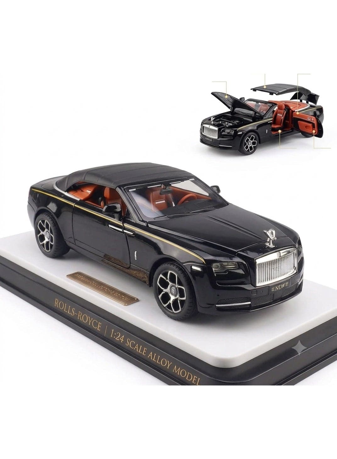 1:24 Rolls-Royce Phantom Convertible Diecast Model Car, Alloy Pull Back Toy with Sound and Light, Openable Doors, Hood and Trunk, Removable Roof, Collectible Gift for Kids and Adults, Black