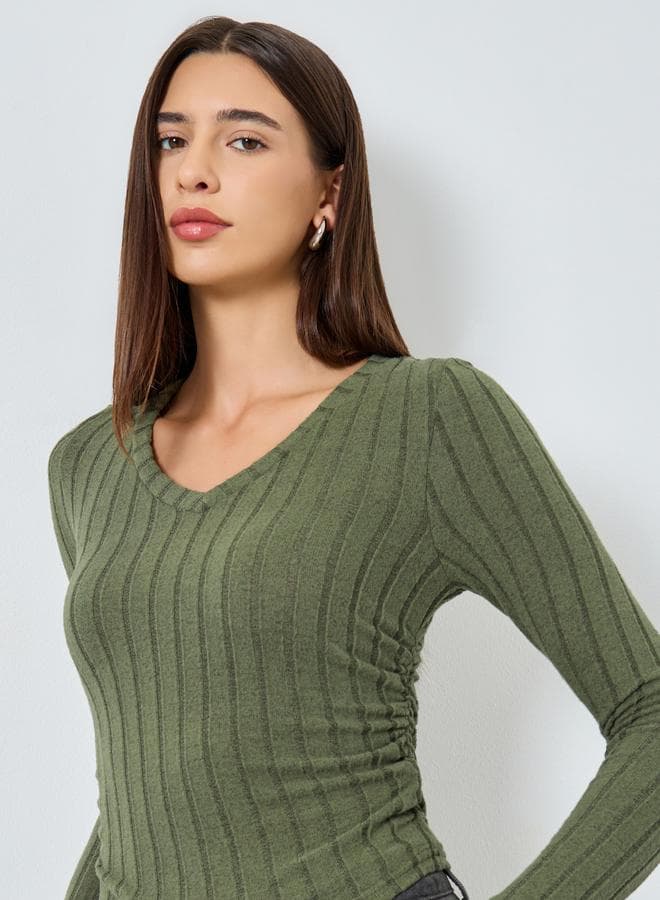 Solid V-Neck Long Sleeve Ribbed Top