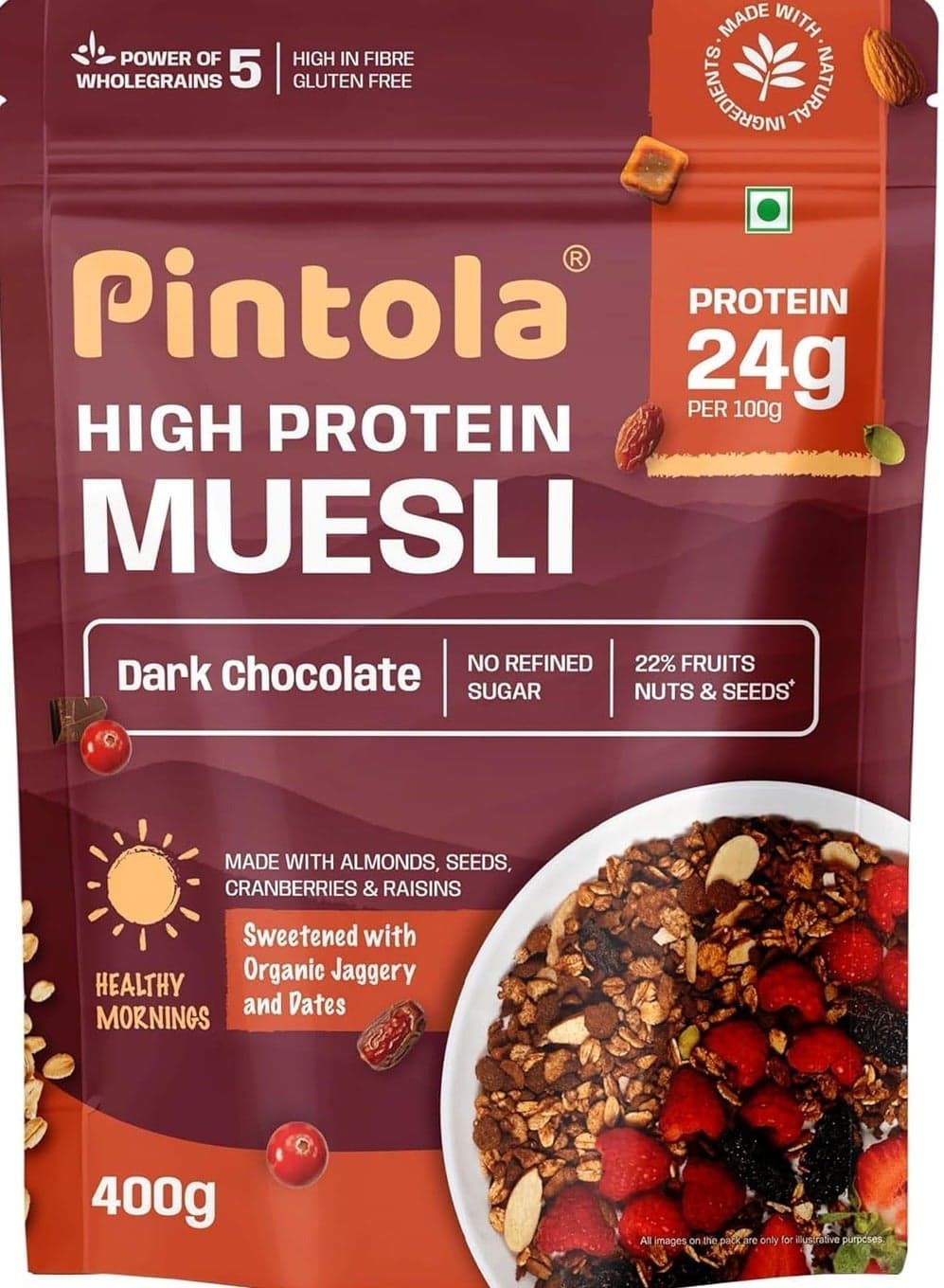PINTOLA 24G Protein Added Muesli, Dark Chocolate 400g | 0% Refined Sugar | Gluten Free | Power of 5 Wholegrains | With Almonds, Seeds, Cranberries & Raisins | Sweetened with Organic Jaggery & Dates | Perfect Breakfast
