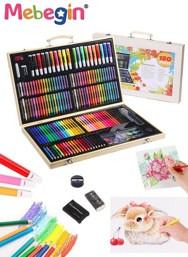 180 Pieces Art Set, Drawing Art Box with Oil Pastels, Crayons, Colored Pencils, Markers, Watercolor Cakes and Other Accessories, Deluxe Portable Painting Supplies Kit, Superior Quality and Safe Painting Tools, Ideal for Kids and Adults Drawing, Sketching and Colouring