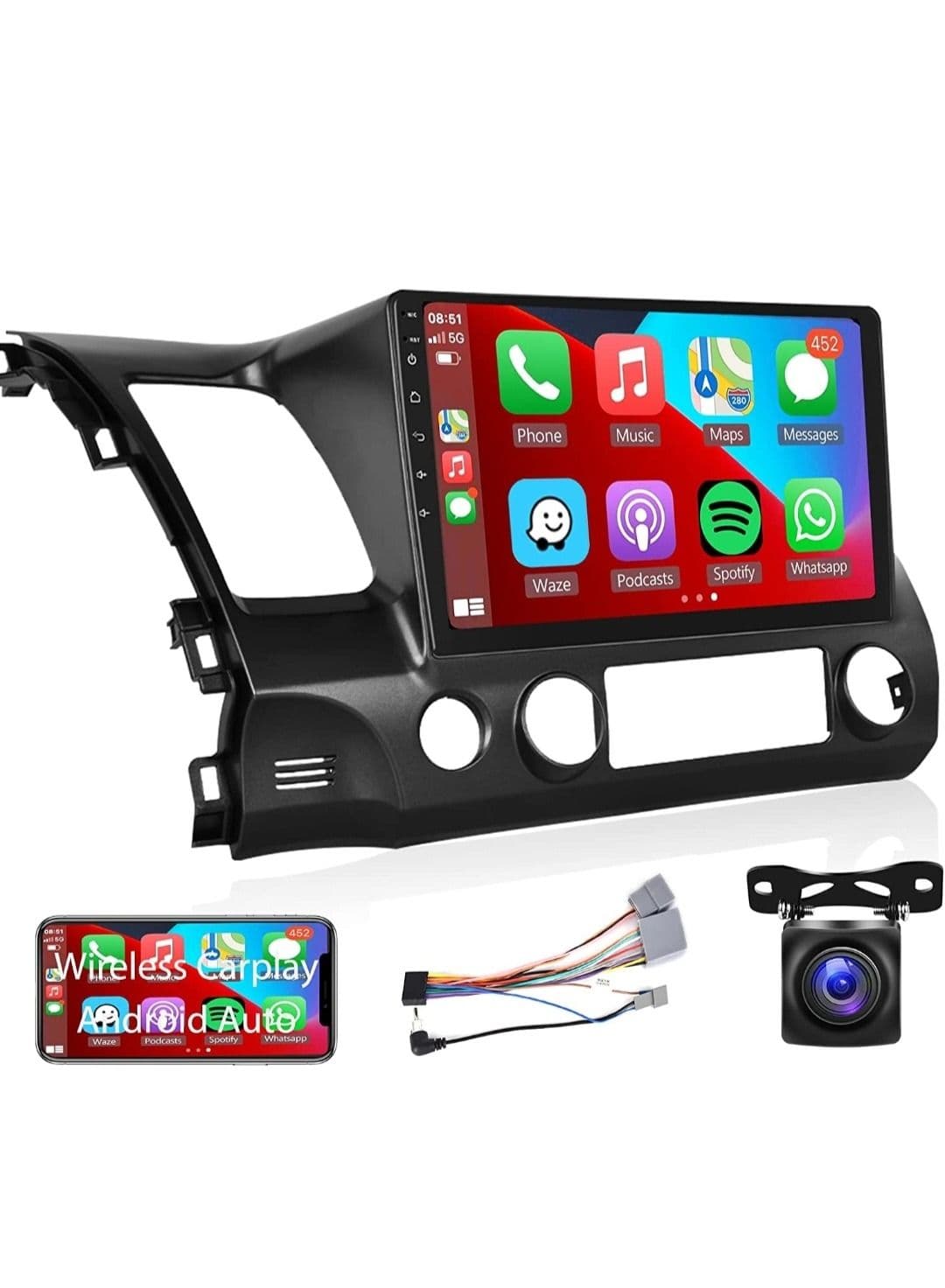 Honda Civic Car Stereo 2006 To 2012 4GB RAM Support Apple Carplay Android Auto Wireless QLED Touch AHD Camera Included Bluetooth Offline Online Maps Support YouTube Play Store