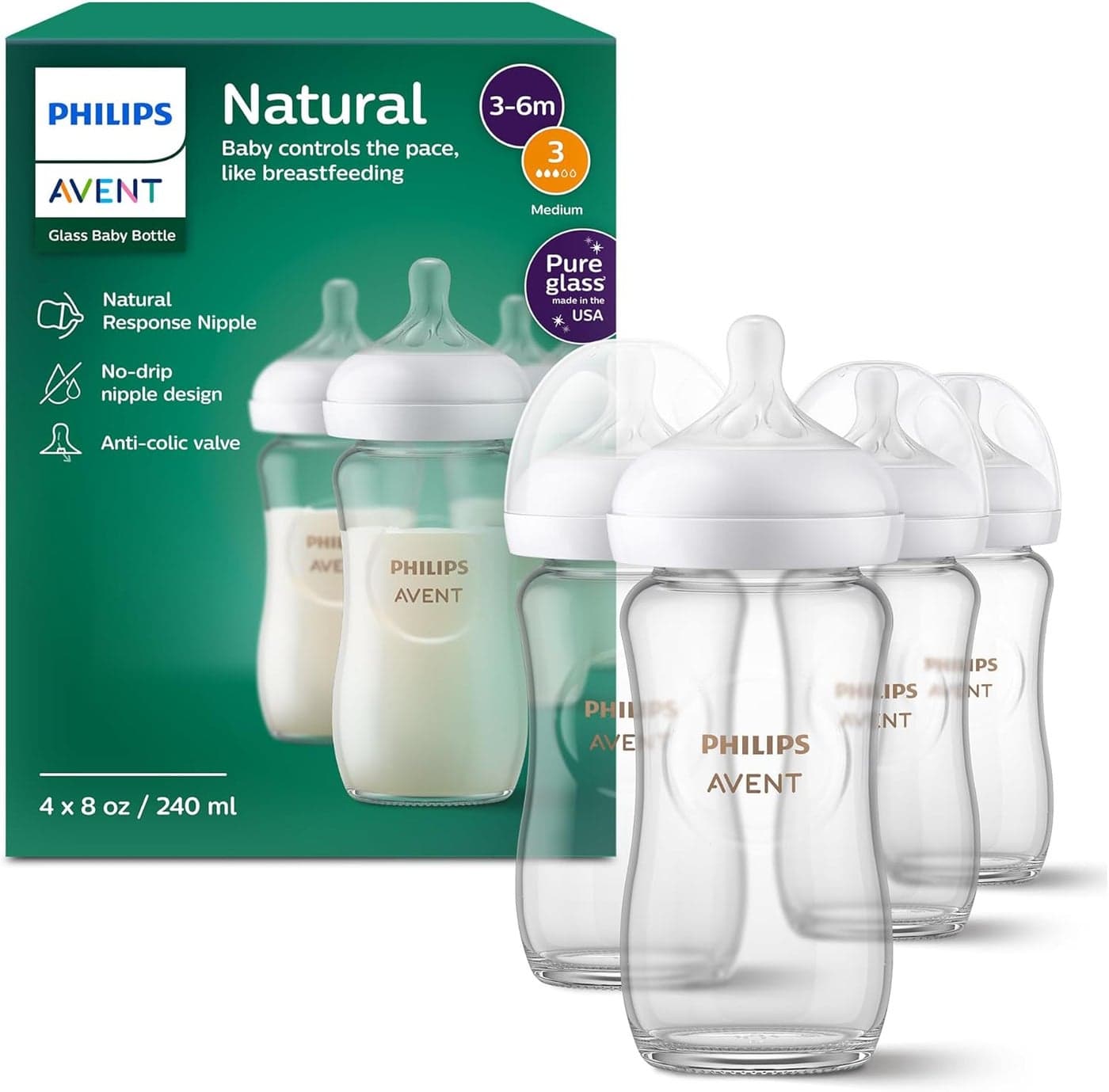 Philips AVENT Glass Natural Baby Bottle with Natural Response Nipples (Medium Flow, Flow 3), 3-6M, Clear, 8oz, 4pk, SCY913/04