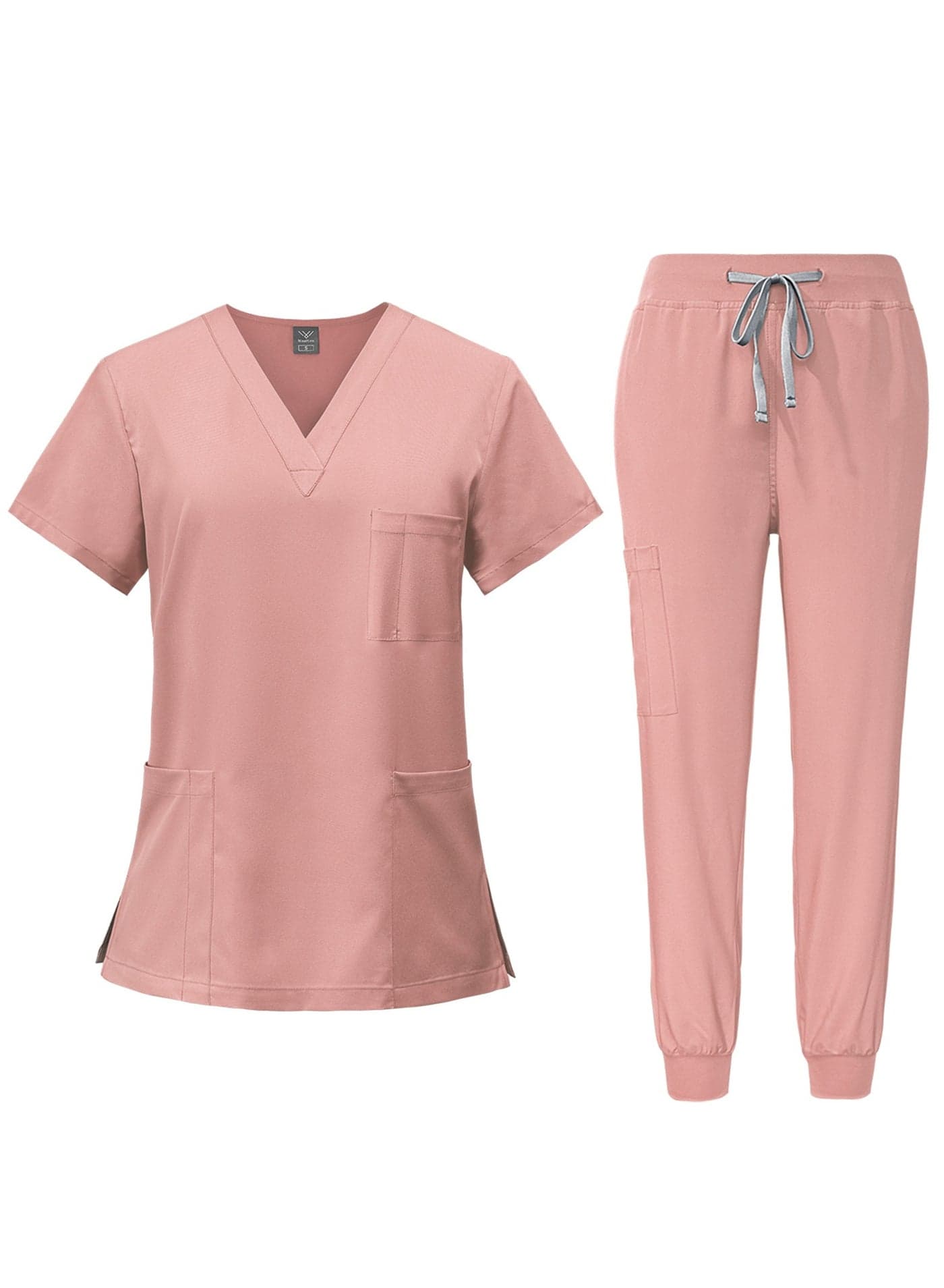 Men Women's Medical Scrubs Set V-neck Top & Tapered Leg Jogger Pants with Drawstring Medical Nurse Uniform for Hospital Scrub Suit Uniforms for Summer (Pink)