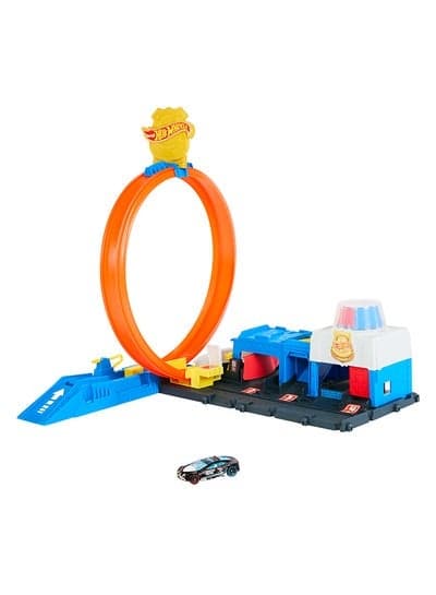 Hot Wheels Toy Car Track Set, Super Police Station Playset with 1:64 Scale Die-Cast Vehicle, Adjustable Loop for Multiple Ways to Race & Stunt