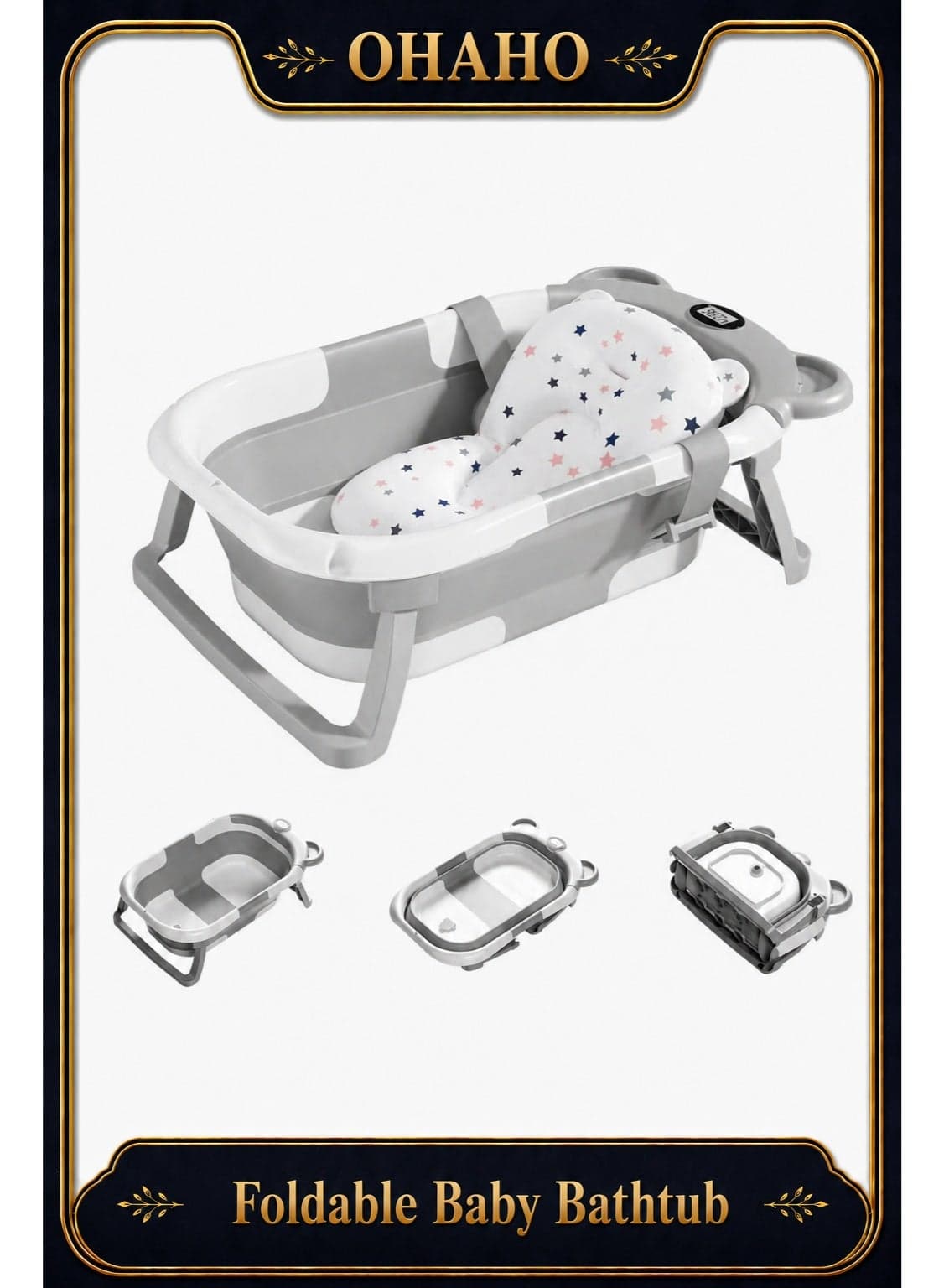 Foldable Baby Bathtub, Collapsible Baby Bath Tub Set for Newborn to Toddler, Portable Travel Bathtub with Drain Hole, Durable Baby Tubs for Infants to Toddler with Non-Slip Mat (grey)