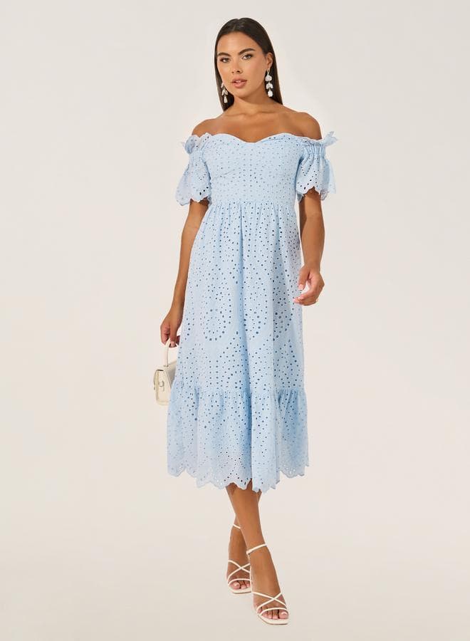 Schiffli Off Shoulder Neck A-Line Midi Dress