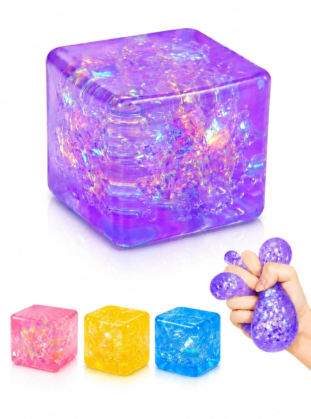 Purple Transparent Cube Squeeze Ball for Kids, Soft Squishy Sensory Squeeze Toy with Sparkling Details, Flexible Handheld Novelty Toy, Ages 3+