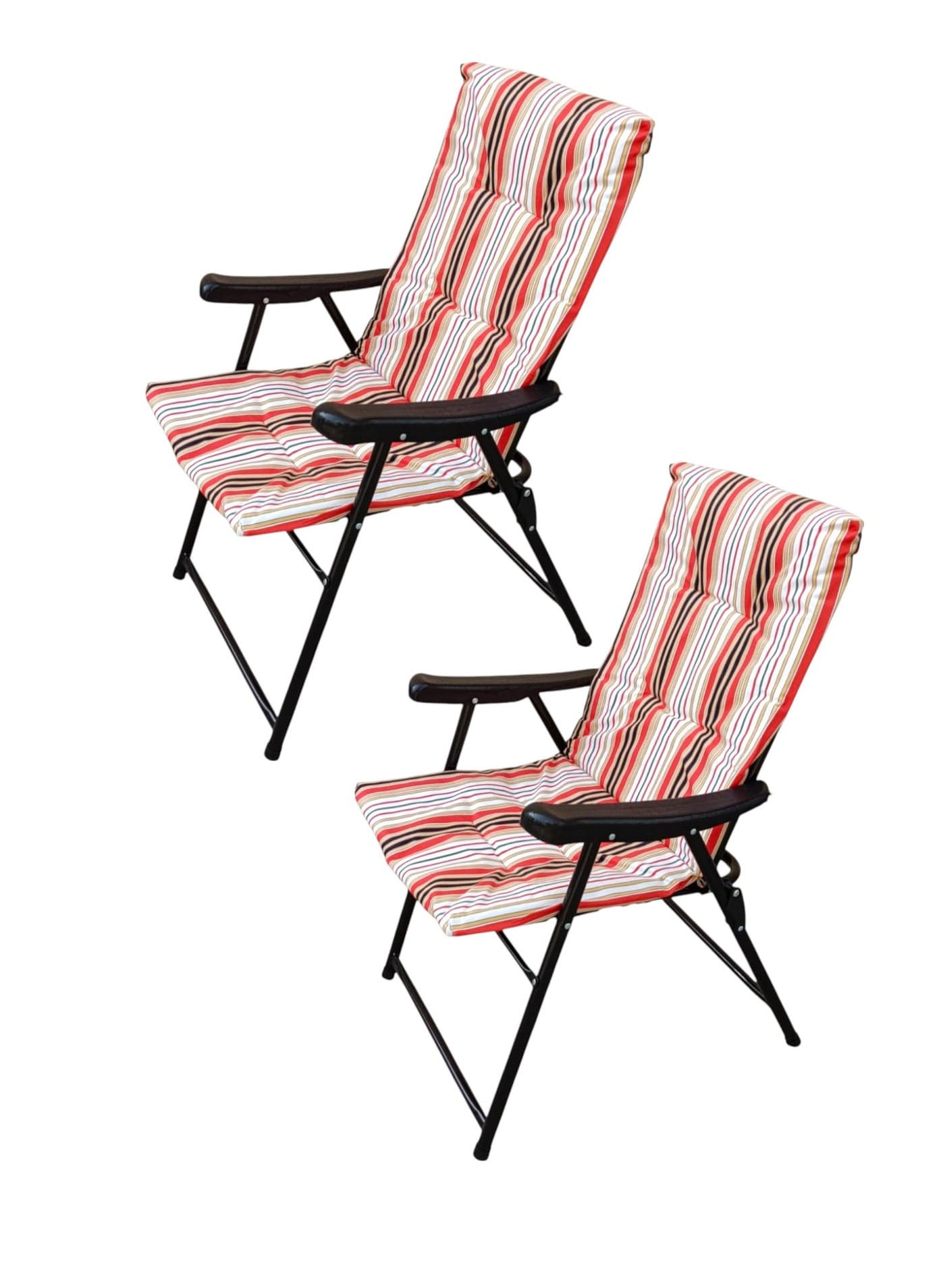 2 PCS Premium and Heavy Duty Foldable Camping Chairs with Thick Cushioned Seat & Backrest – Colorful Striped Fabric Design – Lightweight Portable Steel Frame with Armrests – Ideal for Arabic Majlis, Desert Camping, Outdoor Travel, Garden, Balcony, Picnic & Beach Use