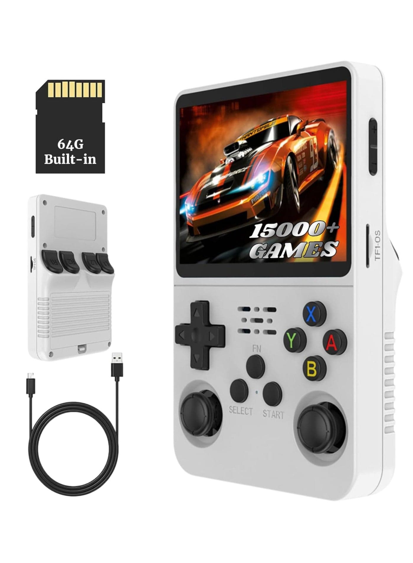 R36S Game Console 3.5 Inch Portable Retro Game Console Built-in 15000+ Games With Open Source Linux System With 64GB Memory Card Video Games Console 3500mAh Battery IPS Screen Toys And Games For Kids And Adults White