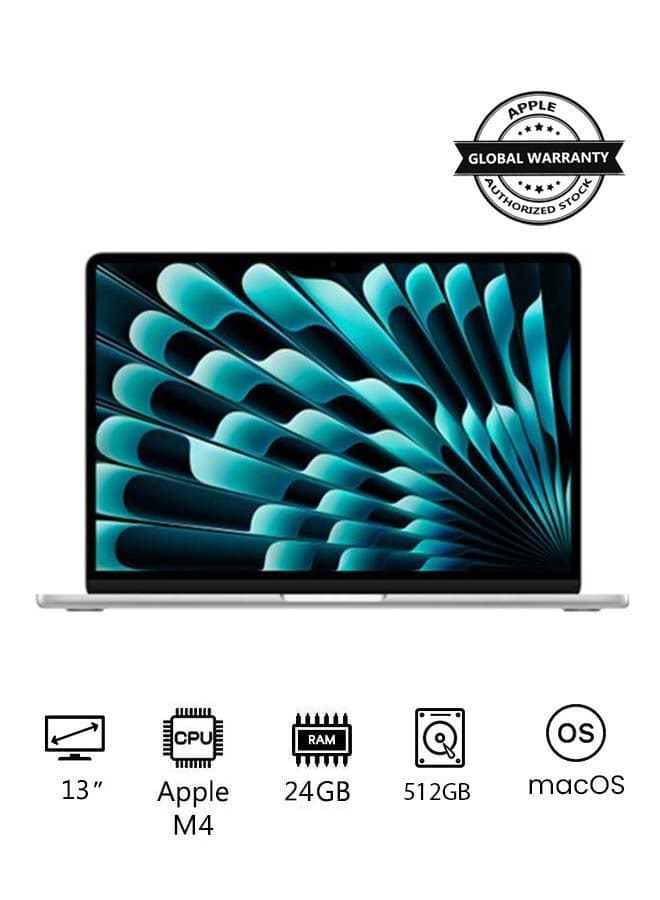 MacBook Air MC654 | 13 Inch Display | Apple M4 Chip | 10-Core CPU 10-Core GPU | 24GB RAM | 512GB SSD | macOS | English Keyboard | International Version | English Silver