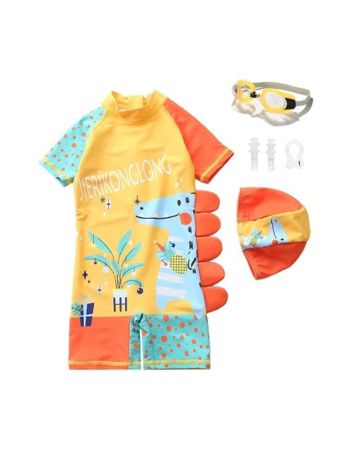 Children's Swimsuit For Boys Dinosaur Design Short Sleeve With Cap One Piece Surfing Suit Baby Swimming Pool Boy Swimsuit