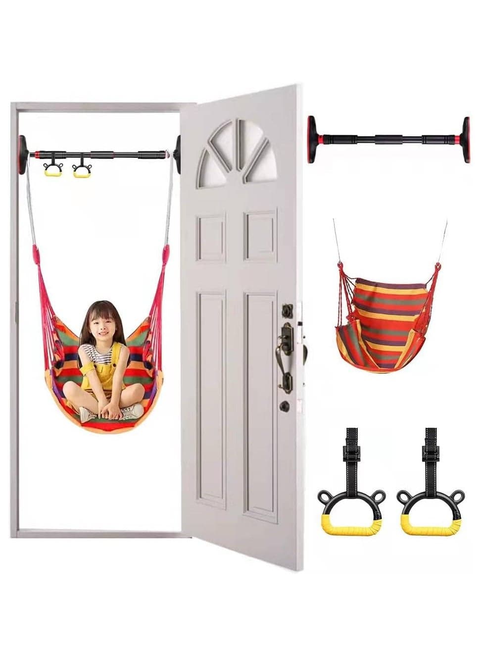 Indoor Doorway Gym Set for Kids - Indoor Swing for Kids Includes Kids Swing Chair, Rings, Hanging Trapeze, Ladder, Swinging Rope & Pullup Bar - Sensory Swing Set Accessory Playground (Red)