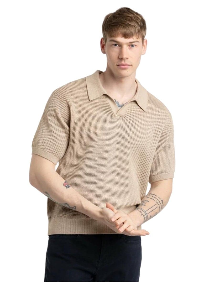 Men's Beige Textured Knit Polo Shirt