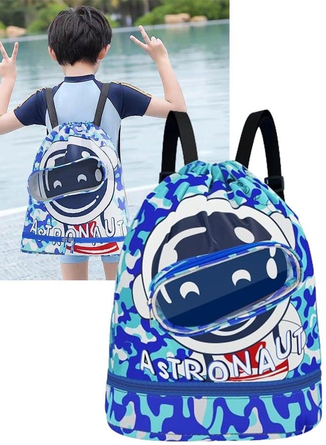 Children's Swimming Backpack Drawstring Children's Swimming Bag Beach Bag Sports Fitness Bag Dry and Wet Separation Suitable for Children Men Women (Astronaut)