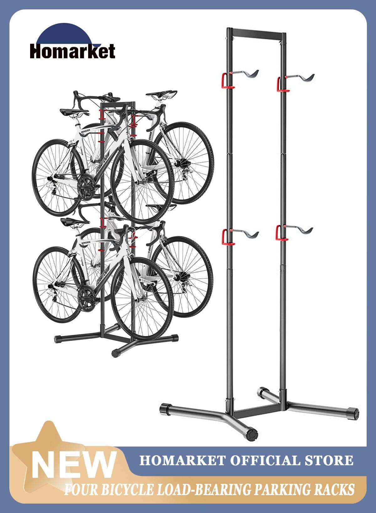 2-4 Bike Storage Rack Garage Max154lbs, Freestanding Indoor Bicycle Rack with Adjustable Hooks, Vertical Bike Floor Stand for Road, Mountain and Hybrid Bike, Black
