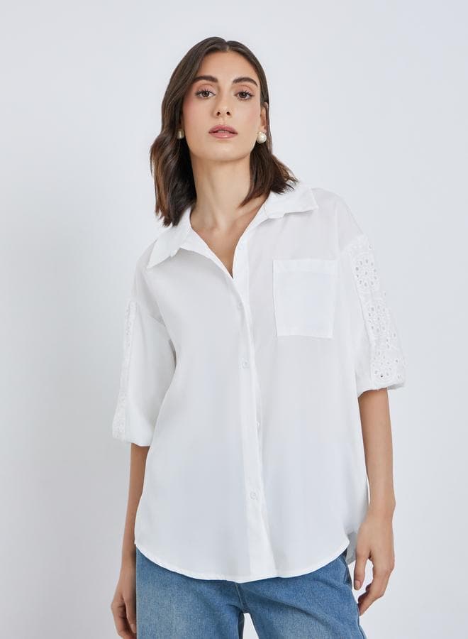 Women White Solid Schiffli Short Sleeve Oversized Shirt