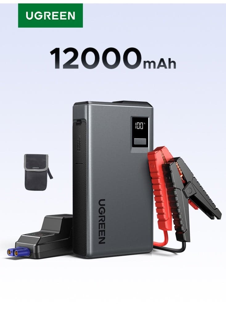 Car Battery Jumper Starter, 1000A Ultra Safe 12V Battery Pack, 12000mAh Smart Jumperk, 3 in 1 Battery Booster, 6L, With 1A1C, Digital Screen, Jump Leads and LED Light for Emergency and Travel