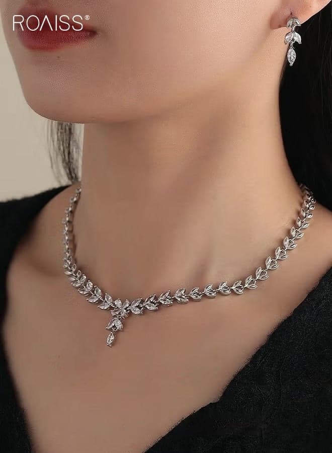 3Pcs Rhinestone Jewelry Set, Stylish Elegant Leaf Necklace Zircon Earrings Chic Dress Accessory , Jewellery Set Festival Gift for Women Ladies Mother Wife Wedding Party, Silver