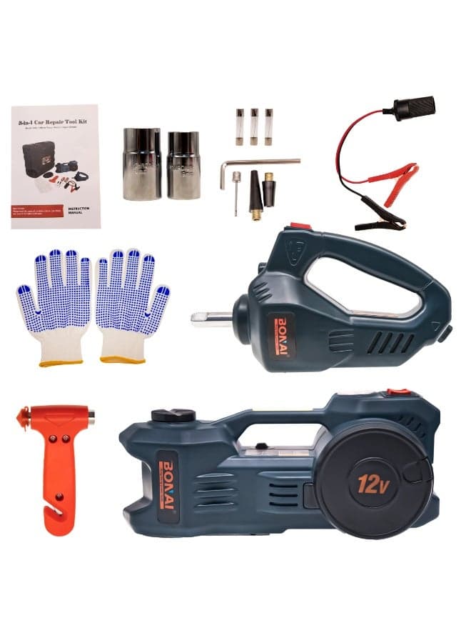 12V Electric Car Repair Tool Kit with 6 Ton Jack, 150 PSI Air Compressor, 340Nm Impact Wrench, Emergency Tire Change Set with Carry Case-BN-HK108