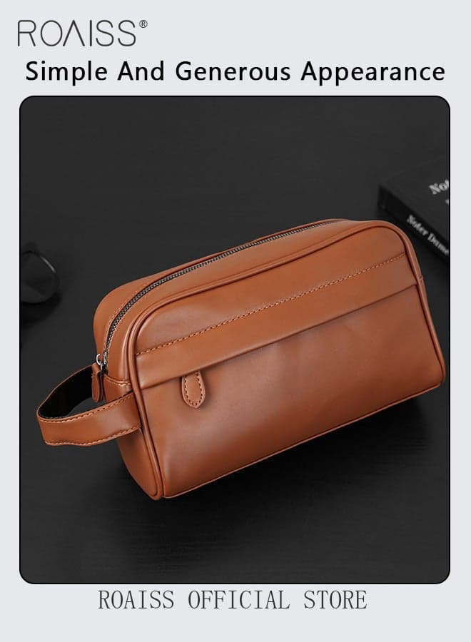 Business Handbag Clutch, Retro Men PU Leather Wrist Bag, Men's Horizontal Commuting Business Bag, Large Capacity with Portable Handle, Brown, 26*8*15cm