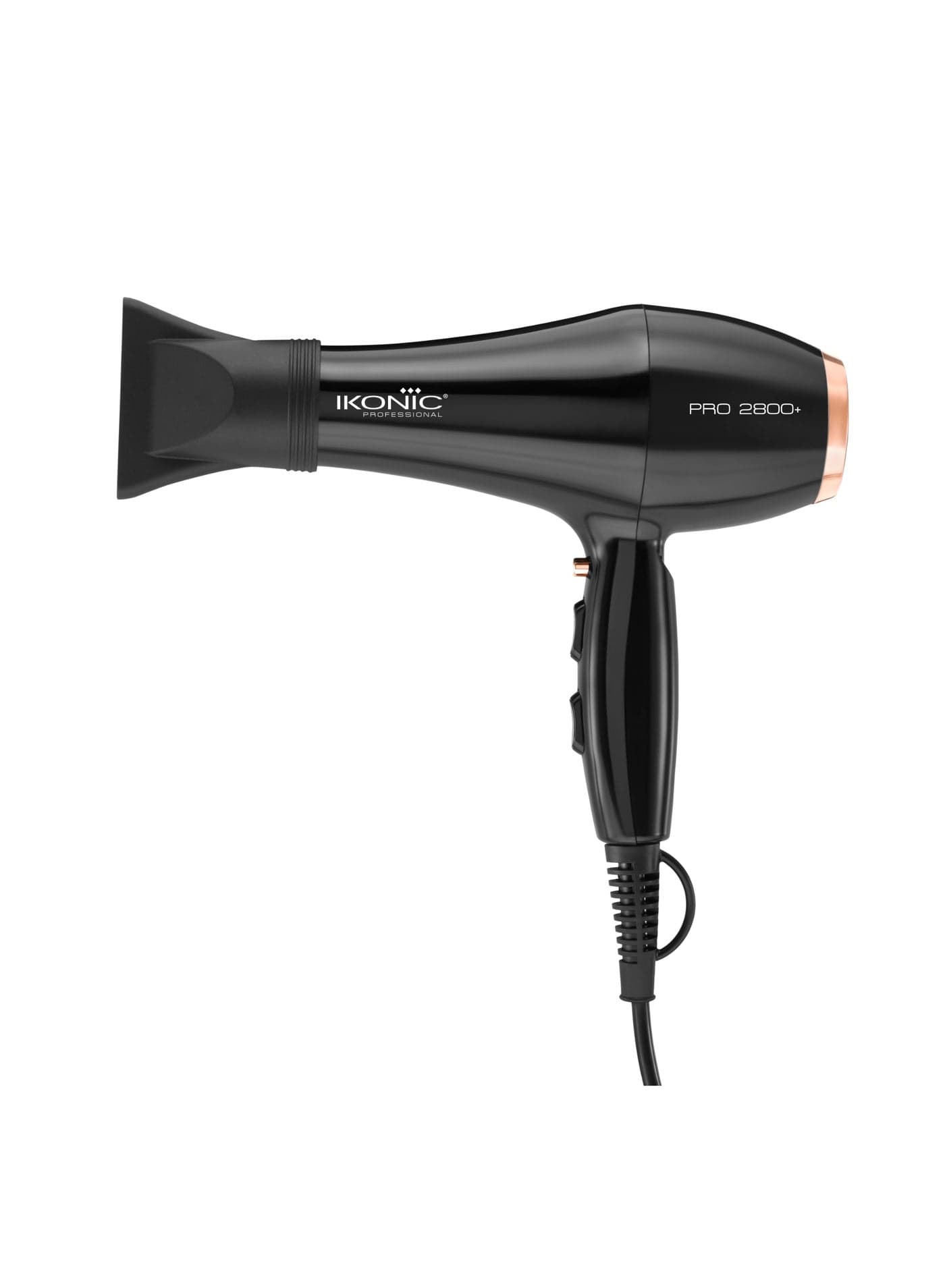 Ikonic Professional Pro 2800+ Hair Dryer , Black, 2400W–2800W Powerful AC Motor Low Noise 4 Heat & 2 Speed Settings Cool Shot 2 Nozzles Overheat Protection 2.8m Cord Professional Blow Dryer, All Hair Type