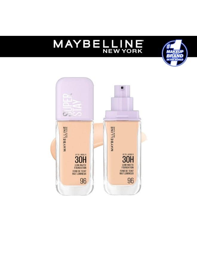 MAYBELLINE SUPER STAY LUMI-MATTE FOUNDATION 30H LONGWEAR, LIGHTWEIGHT, WATERPROOF, SWEATPROOF, HEATPROOF, STAY TRUE TO TONE ALL DAY, 96