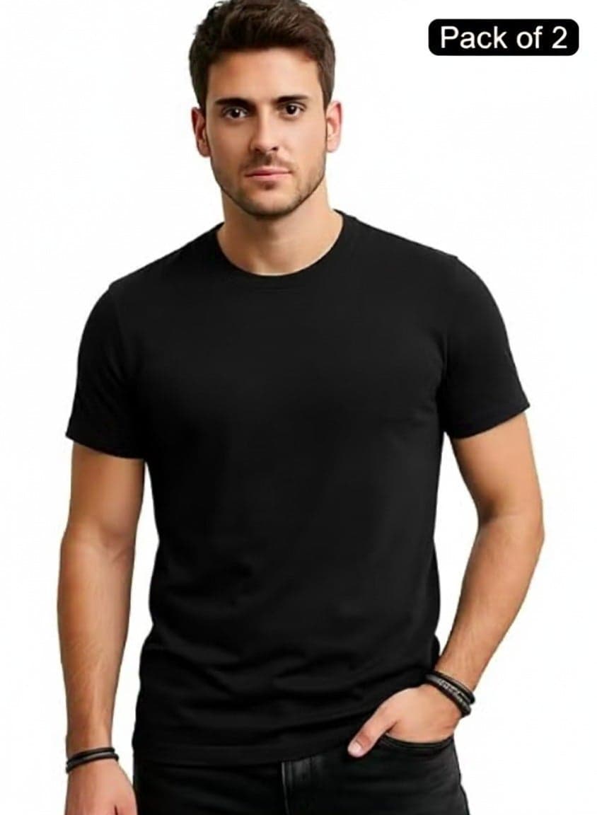 Pack of 2 Premium Cotton Round Neck T-Shirt 180 GSM Bio-Washed Black Half Sleeve