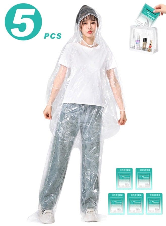 5 Pcs Rain Ponchos for Adults Disposable Plastic, Raincoat and rain pants set, Raincoats Rain Ponchos with Drawstring Hoods Disposable Emergency Ponchos Perfect for Camping Hiking Travel