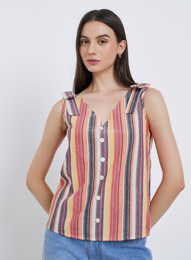 Take Two Striped V-Neck Buttoned Strappy Top
