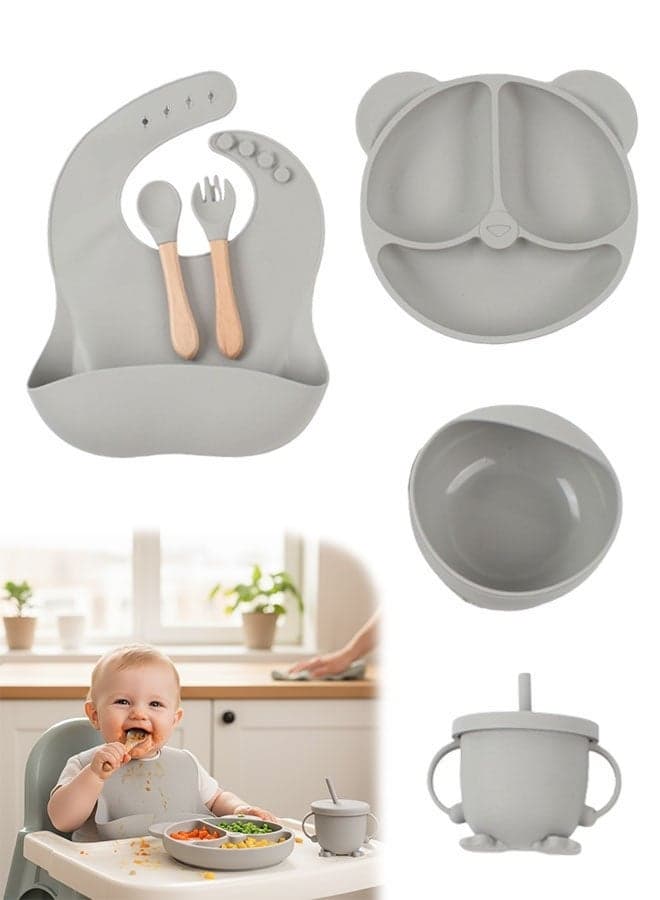 6-Pieces Silicone Baby Feeding Set, Baby Led Weaning Supplies with Suction Bowl and Divided Plate, Wooden Spoon and Fork, Sippy Cups, Toddler Tableware Set with Adjustable Soft Silicone Bib