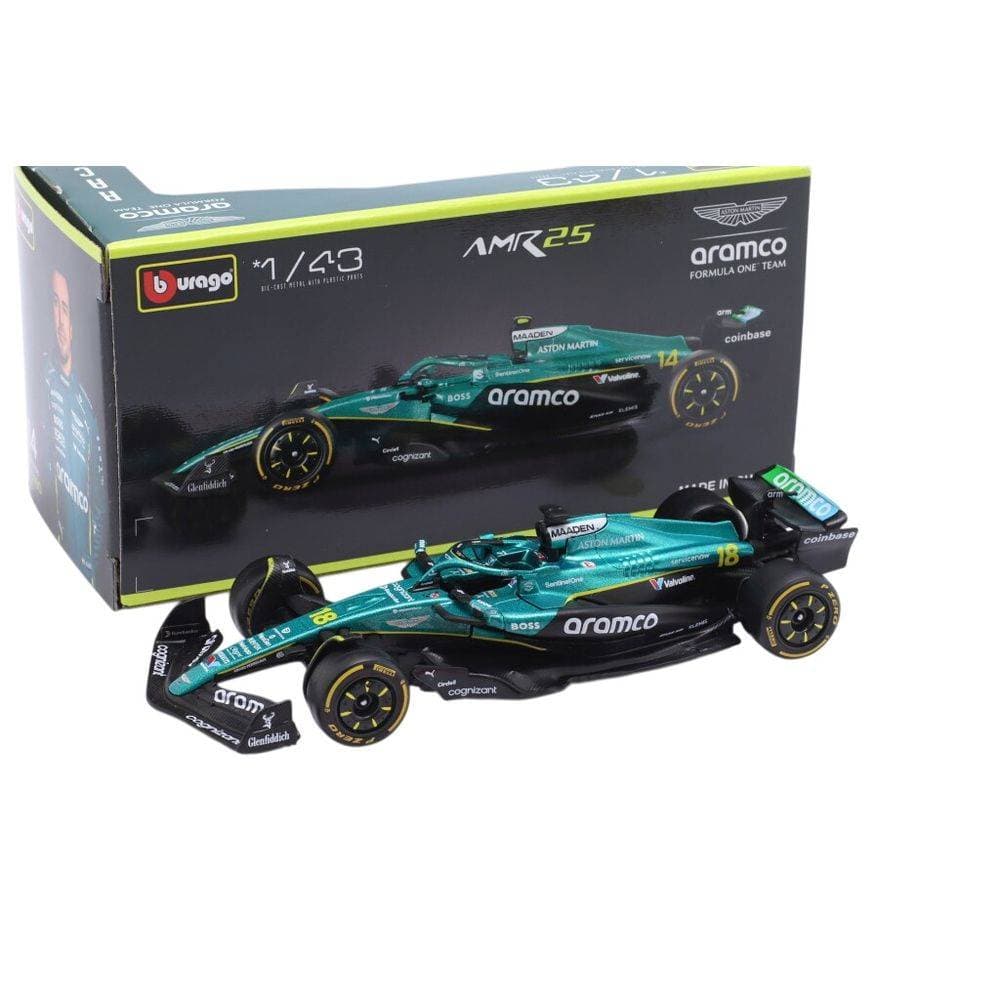 Bburago Race Formula 1 2025 Aston Martin Aramco AMR25 #18 Lance Stroll Die-cast Car (1:43, Green/Blank)