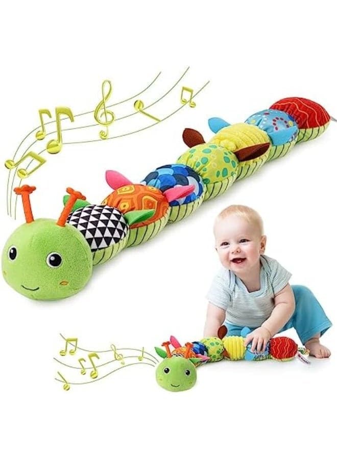 Baby Toys 0 to 12 Months, Musical Stuffed Animal Activity Soft Toys with Multi-Sensory Crinkle, Rattle and Textures, Infant Tummy Time Toys for Newborn Boys Girls, Caterpillar, Green