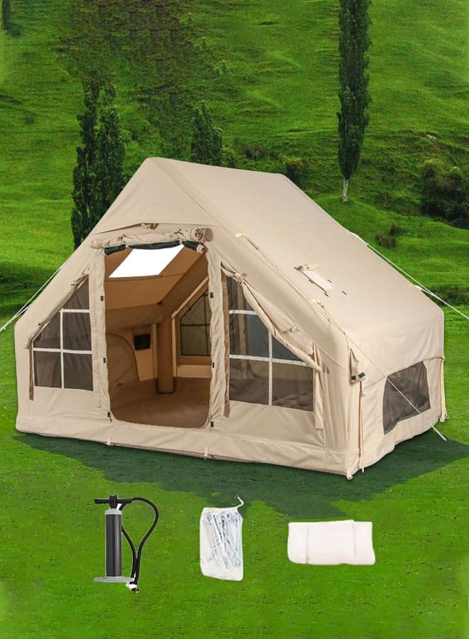 Large Inflatable Camping Tents for 6 to 8 Persons Air Glamping Tent 420D Oxford Waterproof and Windproof Blow up Cabin Tents with Pump Easy Setup for 4 Seasons Mesh and Chimney Window