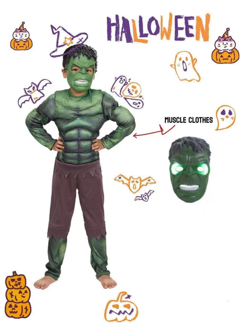 【Halloween Must-Have】Kids' Hulk M 【Halloween Must-Have】Kids' Hulk Muscle Costume Set - Muscle Suit + Mask, Halloween Avengers Performance Costume for Parties and Events Size:L(130-140CM)