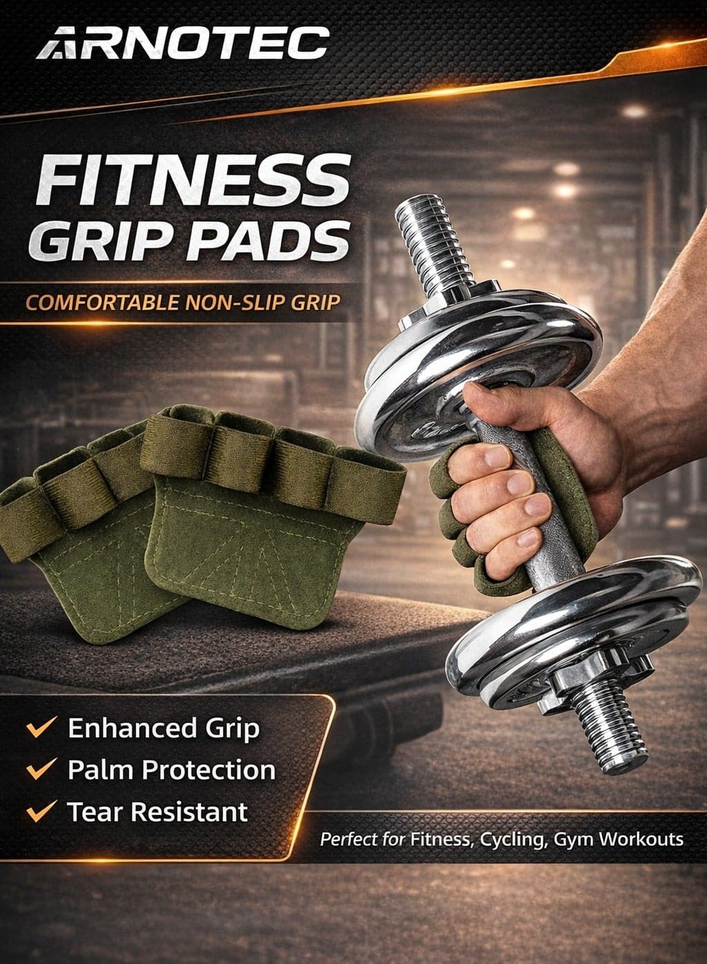 Gym Grip Pads, One Size Unisex Cowhide Fitness Gloves, Non-Slip Half Finger Weight Lifting Palm Protectors with Wrist Support for Pull-Ups, Deadlifts & Gym Training
