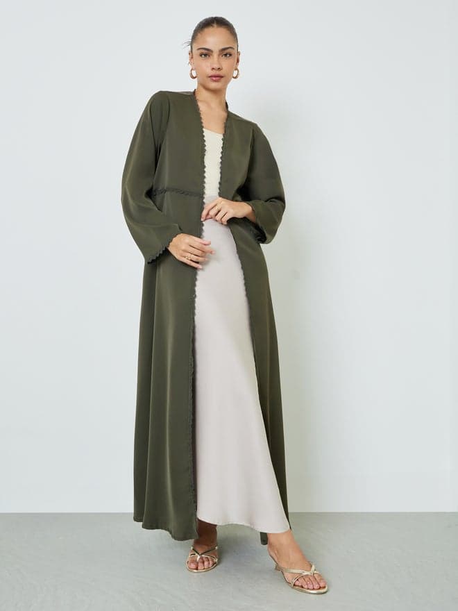 Styli Olive Front Open Abaya with Lace Trim