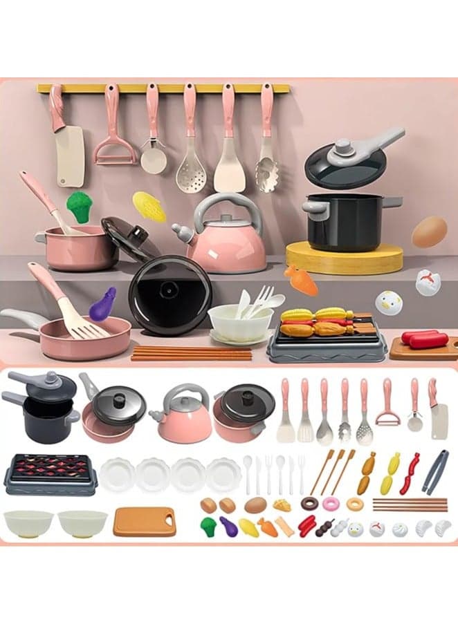 61Pcs Kids Kitchen Toy Accessories Set, Toddler Pretend BBQ Cooking Playset with Play Pots and Pans, Utensils Cookware Toys, Cut Play Food Set, Toy Vegetables, Play Kitchen Toy Pink