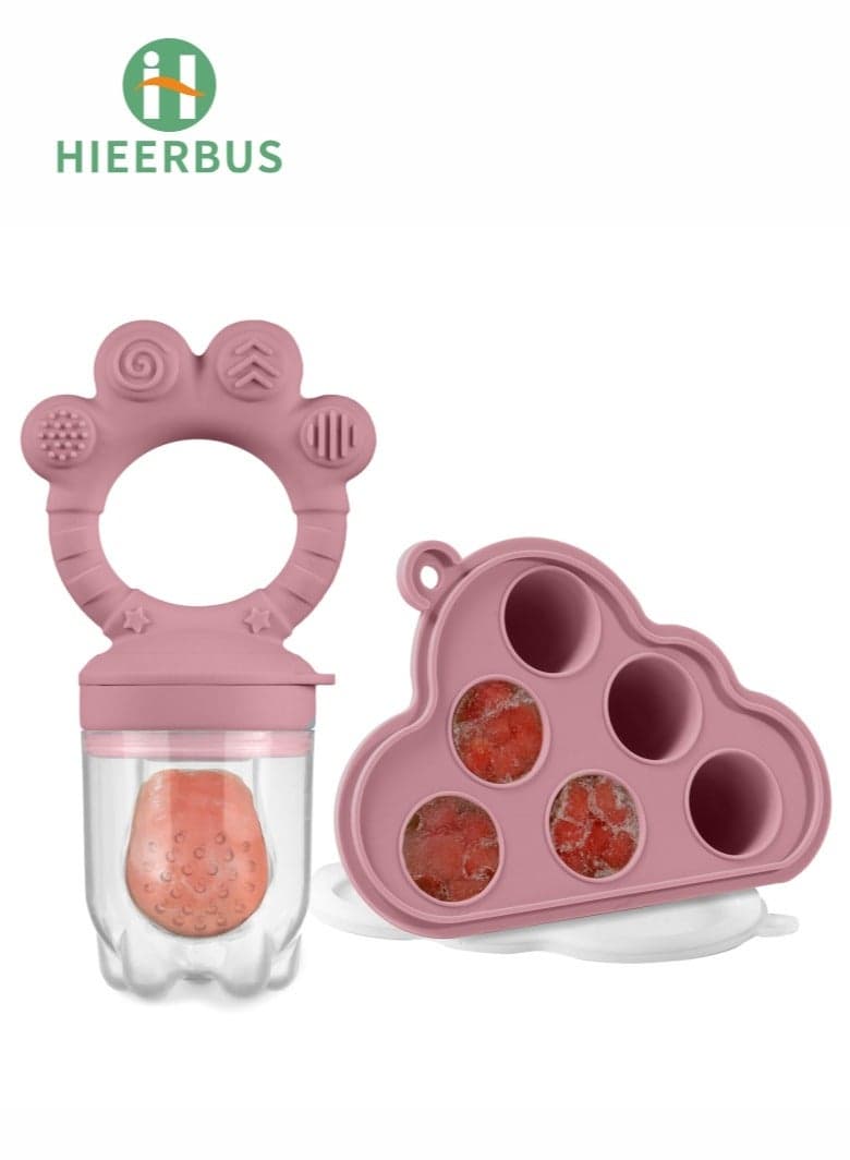 Baby Fruit Food Feeder & Mini Freezer Nibble Tray Combo, BPA Free Silicone Feeder for Safe Infant Self Feeding, 4 Month+ ,Pink