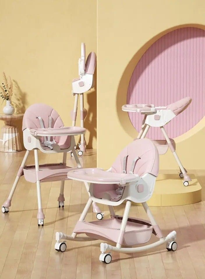 4 in 1 Baby High Chair, Booster Seat for Feeding Chair with Rocker, Wheels, Storage, Reclining, Tray Footrest and Foldable High Chair for Toddlers 6 Months to 4 Years Old