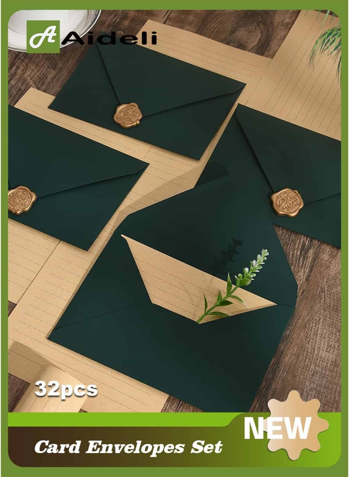 Gift Card Envelopes 32PCS Vintage Letter Writing Set – 6 Envelopes + 20 Writing Papers + 6 Wax Seal Stickers for Letters, Invitations, Weddings, Gifts Artistic Craft (Dark Green)