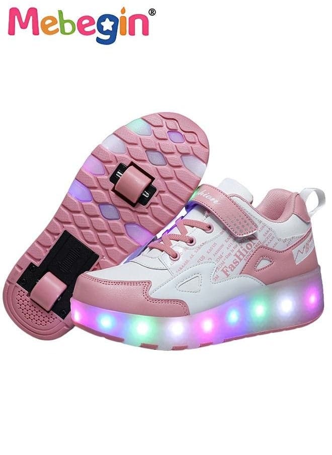 Retractable Roller Kids Shoes with Wheels LED Light Color Shoes Shiny Roller Skates Skate Shoes Simple Kids Gifts Boys Girls The Best Gift for Party Birthday Pink
