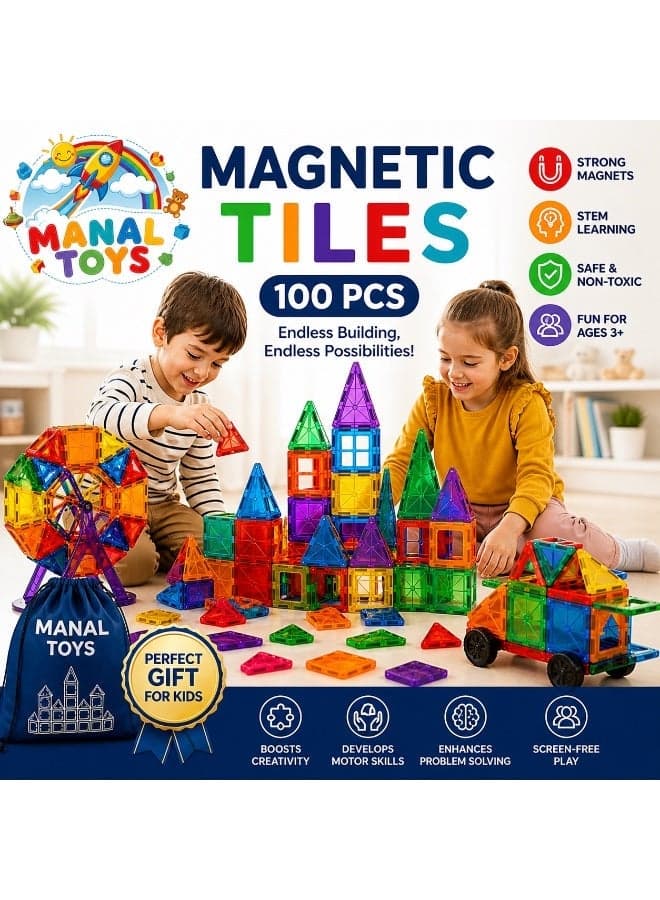 Magnetic Tiles 100 PCS Set for Kids | STEM Learning Building Blocks | Strong Magnets | Educational Toy Ages 3+ Boys & Girls | With Gift Bag