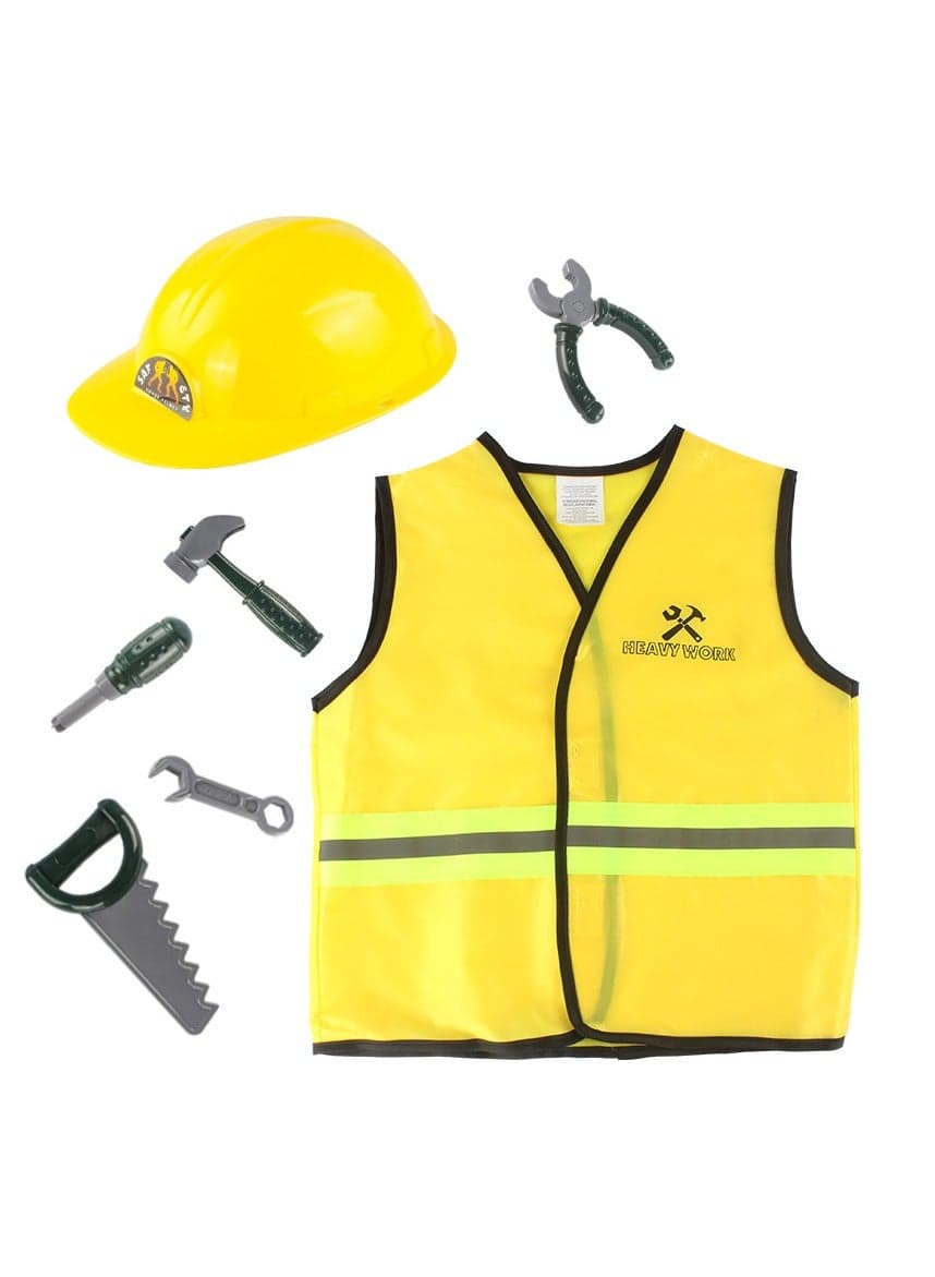 7 PCS Construction Worker Costumes, Costume Role Play Dress up Set with Construction Hat, Costume Vest and Tool, Builder Career Outfit Pretend Role Play Toys, Pretend Role Play Toy Set
