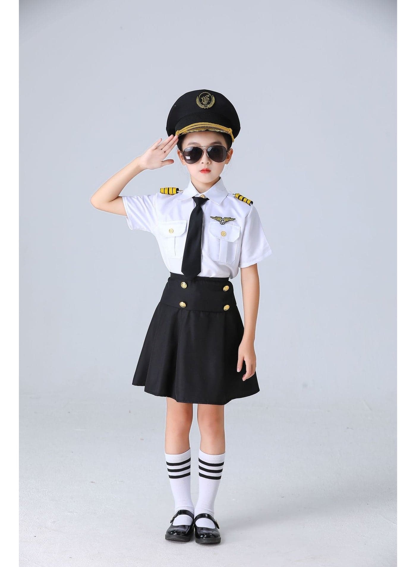 Airline Crew Uniform - Career Day Dress-Up for Kids (Set includes: Short-sleeve top + Skirt + Socks + Sunglasses + Hat + Tie + Epaulet & Badge) -Size: 130cm