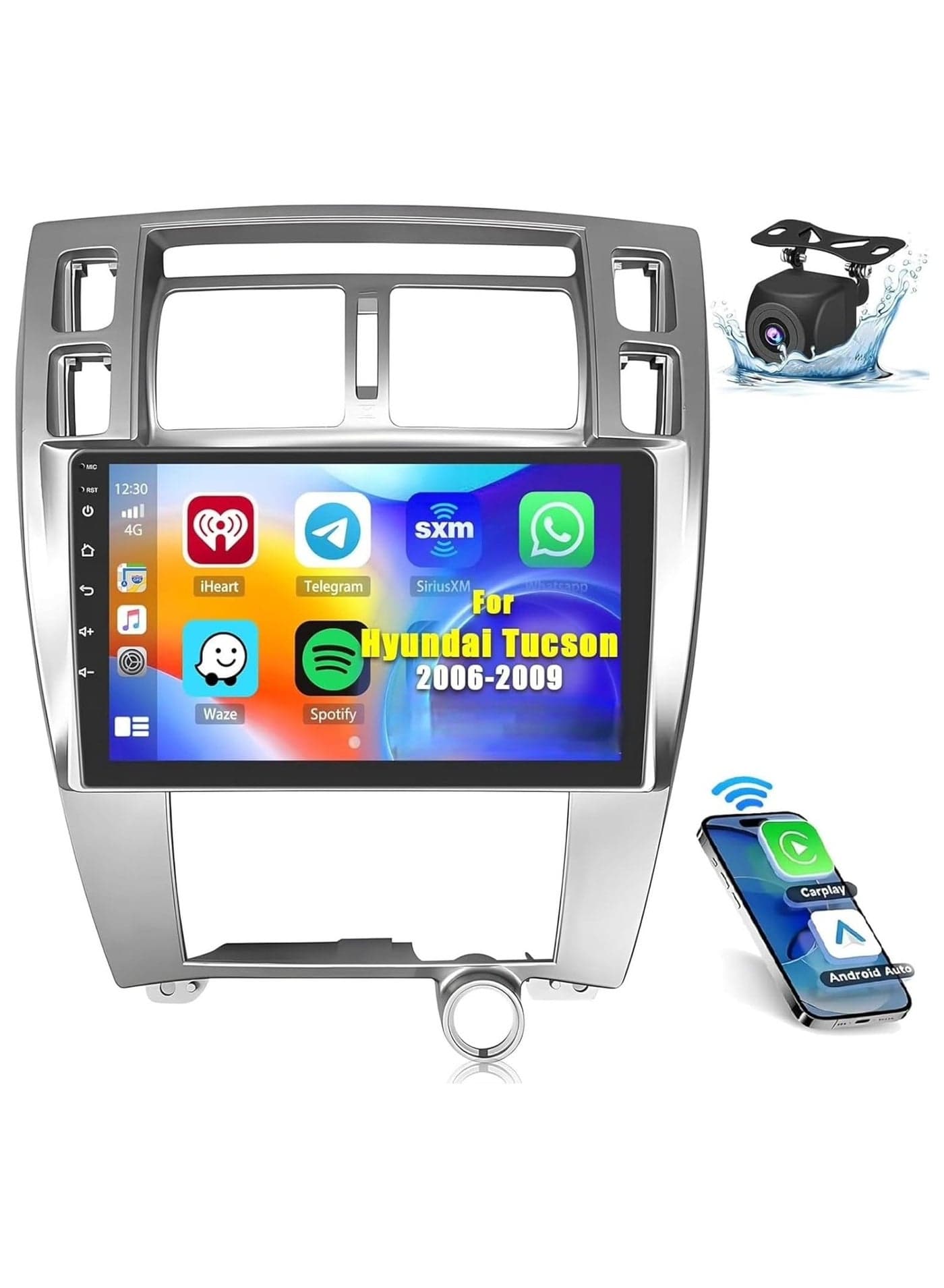Android Car Stereo for Hyundai Tucson 2006-2009 6GB RAM 128GB ROM Support SIM Card, Carplay, Mirror Link Wi-Fi BT, Radio GPS Navigation, 10 Inch IPS Touch Screen with AHD Camera Included