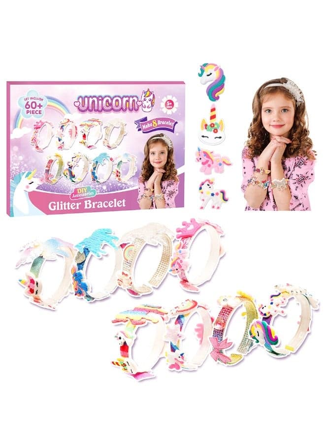 Glitter Bracelet Kit Unicorn Edition – 8 DIY Unicorn Bracelets with Rainbow Charms, Stars, Glitter Beads & Colorful Pendants – Creative Arts & Crafts Jewelry Kit Gift for Girls Age 5+