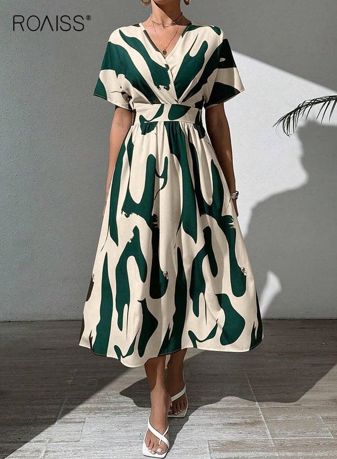 Women Printed Long Dress, V Neck Short Sleeve A-Line Dress, Stylish Elegant Maxi Dress, Retro High Waist Frock for Ladies, Perfect for Daily Wear or Any Occasion