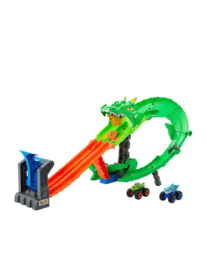 Hot Wheels Monster Trucks, Sharks Vs. Dinos Dragon Destruction Playset With 1:64 Scale Great Bite & Rageasaur, Race To Defeat The Cyborg Nemesis